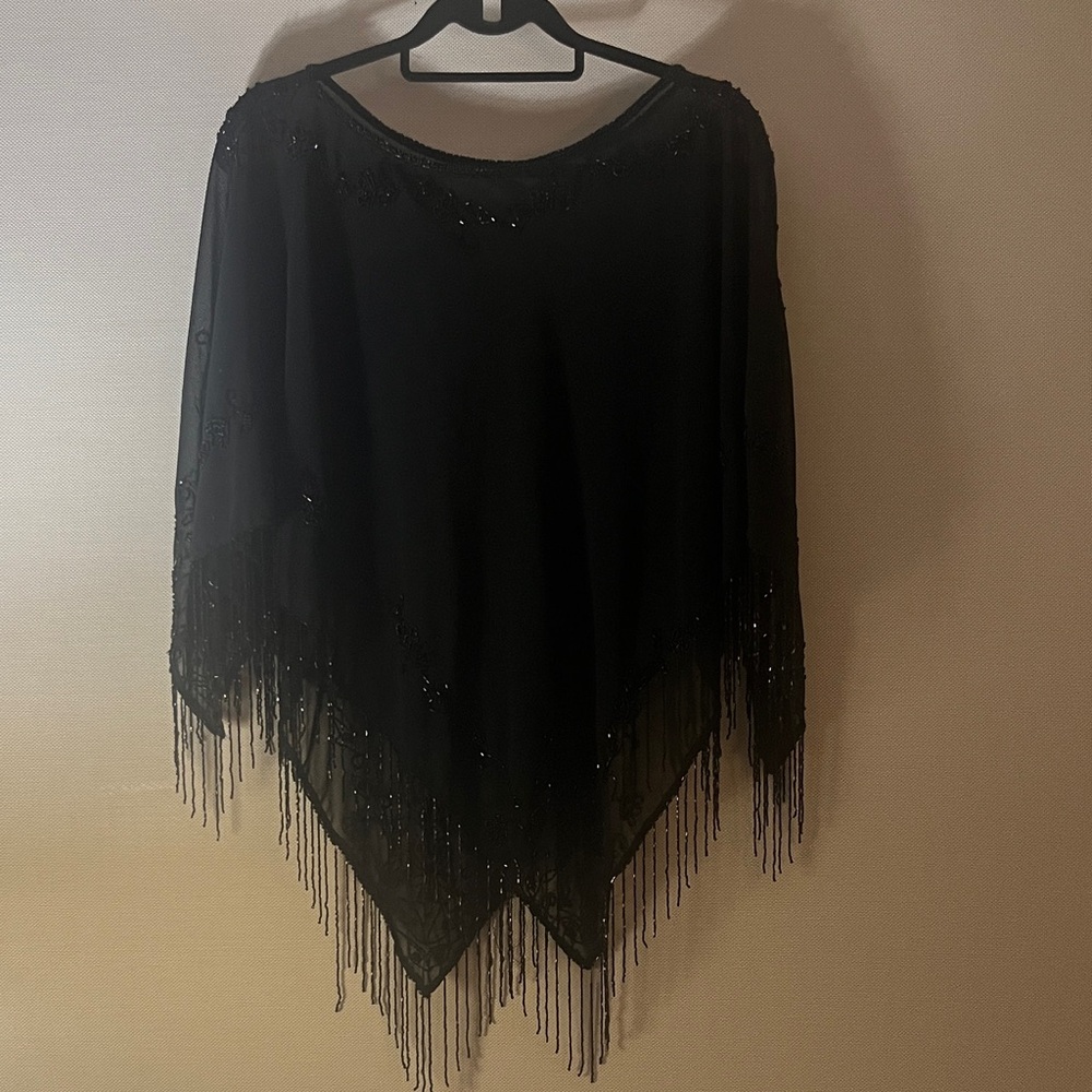 Elegant Sheer Black Fringed Women's Shawl with Beading